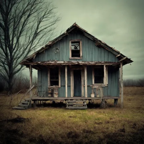 a cinematic tilt-shift shot wooden shack. Ramshackle house. Movie still. atmospheric, creepy, haunted.  Rimlight.