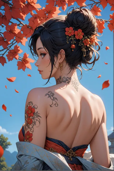 score_9, score_8_up, score_7_up, Japanese teenage girl, floral kimono, exposed shoulders, from behind, beautiful face, thick eye...