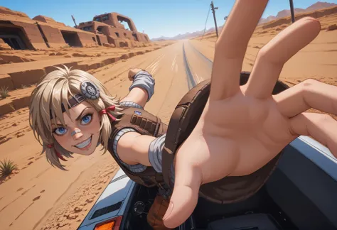 1girl, solo, pov,  tinytinabl2, grin, IncrsPunchMeme, incoming punch, wide angle, desert, postapocalypse, in a car, building in ...