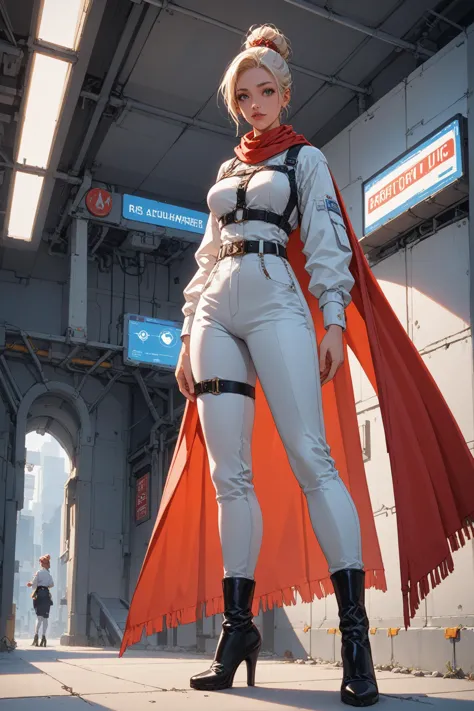 1girl, survey corps \(emblem\), thigh strap, harness,high-heeled boots, leather skirt,white pants, white shirt,full body, standing, belt, red scarf, Updo hairstyle, In a high-tech laboratory, masterpiece, best quality, 8k, score_9, score_8_up, score_7_up,