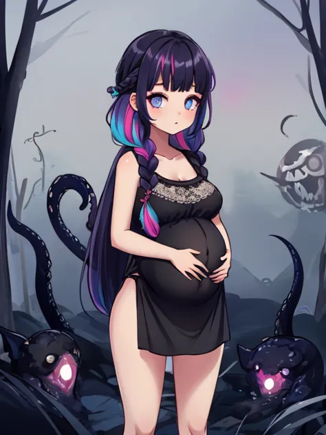young adult korean E-girl <lora:GoodHands-beta2:1>, <lora:Very_Pregnant_Woman:0.51> Pregnant <lora:Occult_Classic:0.8> <lora:insanevoid2:.31> insanevoid, (Lovecraftian horror :1.15), Eldritch, cosmic horror, unknown, mysterious, surreal, highly detailed, b...