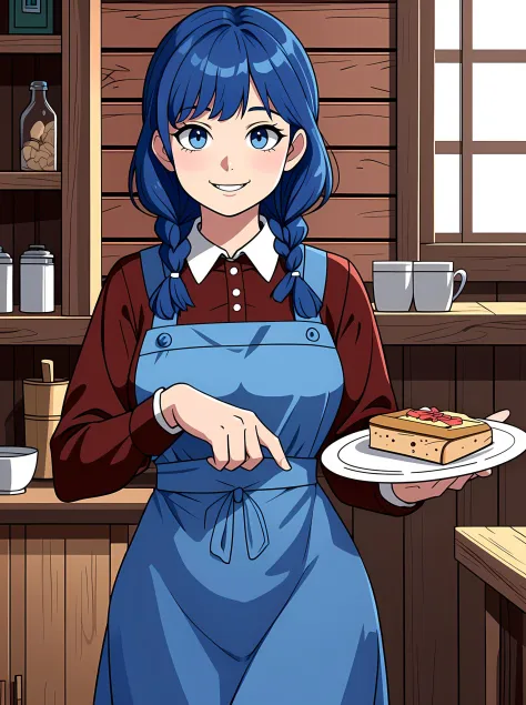 (Best quality, masterpiece), (hyper-detailed), A cute (Welsh) woman, hourglass figure, (blue mithril hair, braids and bangs), simple red tarp dress, pinny apron, holding a tray of food in a rustic vintage kitchen, wry smile, beautiful eyes, photorealistic, realism, cinematic lighting, professional photography, hdr, dslr, uhd