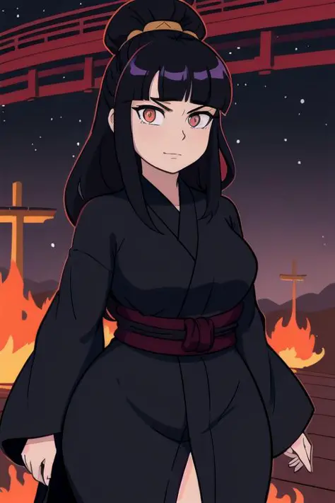 SFW, 1Girl, Adult, (fat Omani:1.2) woman, natural medium breasts, long black spiky hairstyle, wearing black yukata outfit, beryl jewelry, Armored Dress accents, glowing iris, white eyes, pensive expression, empyreal otherworldly blizzard ambience with wood...