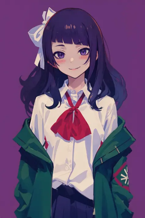 tanaka mamimi, <lora:tanaka mamimi:1>1girl, bangs, blazer, blush, closed_mouth, diagonal_bangs, eyebrows_visible_through_hair, jacket, long_hair, long_sleeves, open_clothes, open_jacket, purple_eyes, purple_hair, red_ribbon, ribbon, school_uniform, shirt, simple_background, smile, solo,  upper_body, white_shirt