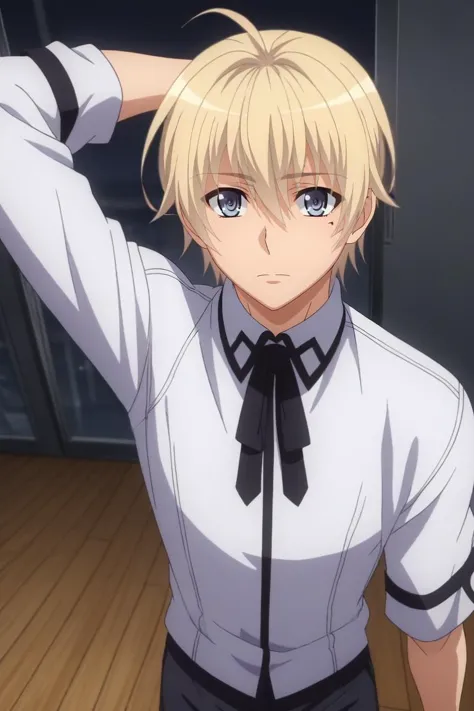 score_9, score_8_up, score_7_up, source_anime, rating_safe, intricate details, anime screencap, , , , , 1boy, solo, male focus, <lora:yuuto_kiba_pony:0.98>, yuuto_kiba, blonde hair, grey eyes, high school dxd hero, short hair, hair between eyes, mole, mole under eye, high school dxd hero, from above, plane, indoors, light, arm up, giggling, ,, <lora:sdxl_lightning_8step_lora:1>