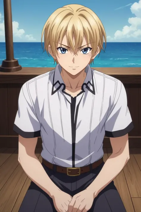 score_9, score_8_up, score_7_up, source_anime, rating_safe, , anime screencap, anime coloring, official style, looking at viewer, , 1boy, solo, male focus, <lora:yuuto_kiba_pony:0.98>, yuuto_kiba, blonde hair, blue eyes, short hair, hair between eyes, mole, mole under eye, rule of thirds, pirate ship, dawn, kneeling, smirk, , <lora:sdxl_lightning_8step_lora:1>