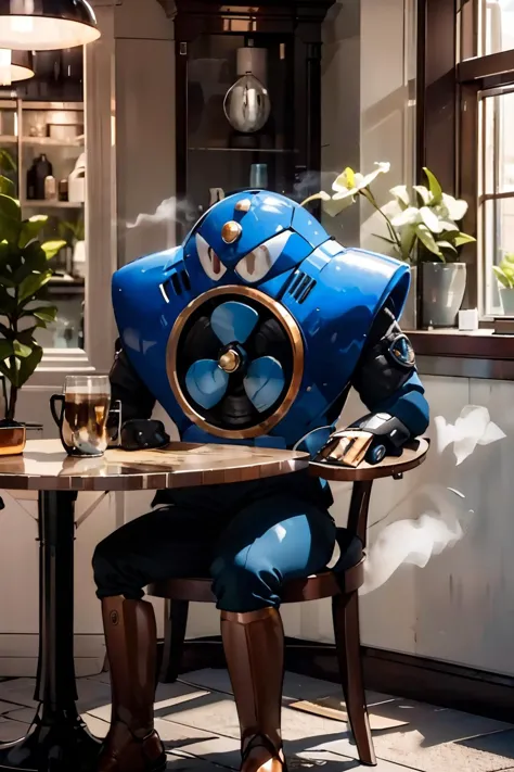 there is a man sitting at a table with a blue robot on it