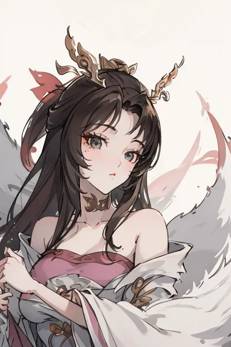 <lora:tianhuxianzi:1>,tianhuxianzi, 1girl, solo, tail, fox tail, multiple tails, ahri, long hair, choker, kitsune, gold jewelry, Fox Fairy, animal ears, white background, dress, brown hair, bare shoulders, simple background, black hair, flower
<lora:Freehand_Brushwork:0.3>,<lora:animeLineartMangaLike_v20Offset:0.2>,lineart,
(portrait:1.2),dynamic_angle,front view,kittew,cuteg,flat chest,small_breasts,(looking_at_viewer:1.3),, best quality , masterpiece, illustration, an extremely delicate and beautiful, extremely detailed ,CG,unity,8k wallpaper, Amazing, finely detail, masterpiece, best quality,official art,extremely detailed CG unity 8k wallpaper,absurdres, incredibly absurdres, huge filesize , ultra-detailed, highres, extremely detailed,beautiful detailed girl, extremely detailed eyes and face, beautiful detailed eyes,light on face,