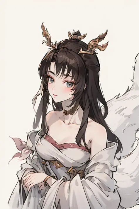 <lora:tianhuxianzi:1>,tianhuxianzi, 1girl, solo, tail, fox tail, multiple tails, ahri, long hair, choker, kitsune, gold jewelry, Fox Fairy, animal ears, white background, dress, brown hair, bare shoulders, simple background, black hair, flower
<lora:Freehand_Brushwork:0.3>,<lora:animeLineartMangaLike_v20Offset:0.2>,lineart,
(portrait:1.2),dynamic_angle,front view,kittew,cuteg,flat chest,small_breasts,(looking_at_viewer:1.3),, best quality , masterpiece, illustration, an extremely delicate and beautiful, extremely detailed ,CG,unity,8k wallpaper, Amazing, finely detail, masterpiece, best quality,official art,extremely detailed CG unity 8k wallpaper,absurdres, incredibly absurdres, huge filesize , ultra-detailed, highres, extremely detailed,beautiful detailed girl, extremely detailed eyes and face, beautiful detailed eyes,light on face,