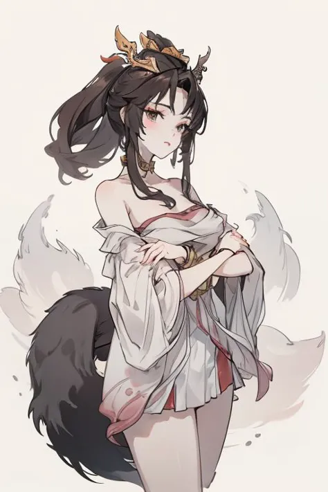 <lora:tianhuxianzi:1>,tianhuxianzi, 1girl, solo, long hair, dress, black hair, fox tail, tail, multiple tails, kitsune, gold jewelry, Fox Fairy, crossed arms, white background, jewelry, blue eyes, bracelet, simple background, hair ornament, flower
<lora:Freehand_Brushwork:0.3>,<lora:animeLineartMangaLike_v20Offset:0.2>,lineart,
(portrait:1.2),dynamic_angle,front view,kittew,cuteg,flat chest,small_breasts,(looking_at_viewer:1.3),, best quality , masterpiece, illustration, an extremely delicate and beautiful, extremely detailed ,CG,unity,8k wallpaper, Amazing, finely detail, masterpiece, best quality,official art,extremely detailed CG unity 8k wallpaper,absurdres, incredibly absurdres, huge filesize , ultra-detailed, highres, extremely detailed,beautiful detailed girl, extremely detailed eyes and face, beautiful detailed eyes,light on face,