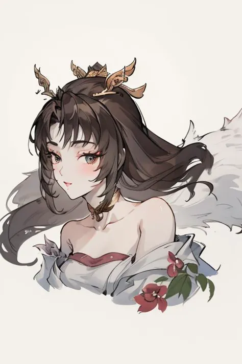 <lora:tianhuxianzi:1>,tianhuxianzi, 1girl, solo, tail, fox tail, multiple tails, ahri, long hair, choker, kitsune, gold jewelry, Fox Fairy, animal ears, white background, dress, brown hair, bare shoulders, simple background, black hair, flower
<lora:Freehand_Brushwork:0.3>,<lora:animeLineartMangaLike_v20Offset:0.2>,lineart,
(portrait:1.2),dynamic_angle,front view,kittew,cuteg,flat chest,small_breasts,(looking_at_viewer:1.3),, best quality , masterpiece, illustration, an extremely delicate and beautiful, extremely detailed ,CG,unity,8k wallpaper, Amazing, finely detail, masterpiece, best quality,official art,extremely detailed CG unity 8k wallpaper,absurdres, incredibly absurdres, huge filesize , ultra-detailed, highres, extremely detailed,beautiful detailed girl, extremely detailed eyes and face, beautiful detailed eyes,light on face,