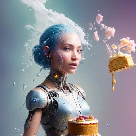 perfect photo of gorgeous cyborg (anthropomorphic machine:1.22) holding a (dripping cake) in (greg rutkowski) style, medium form...