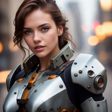 portrait photo of sexy woman in a worn mech suit, ((light bokeh)), intricate, (steel metal [rust]), elegant, sharp focus, photo ...