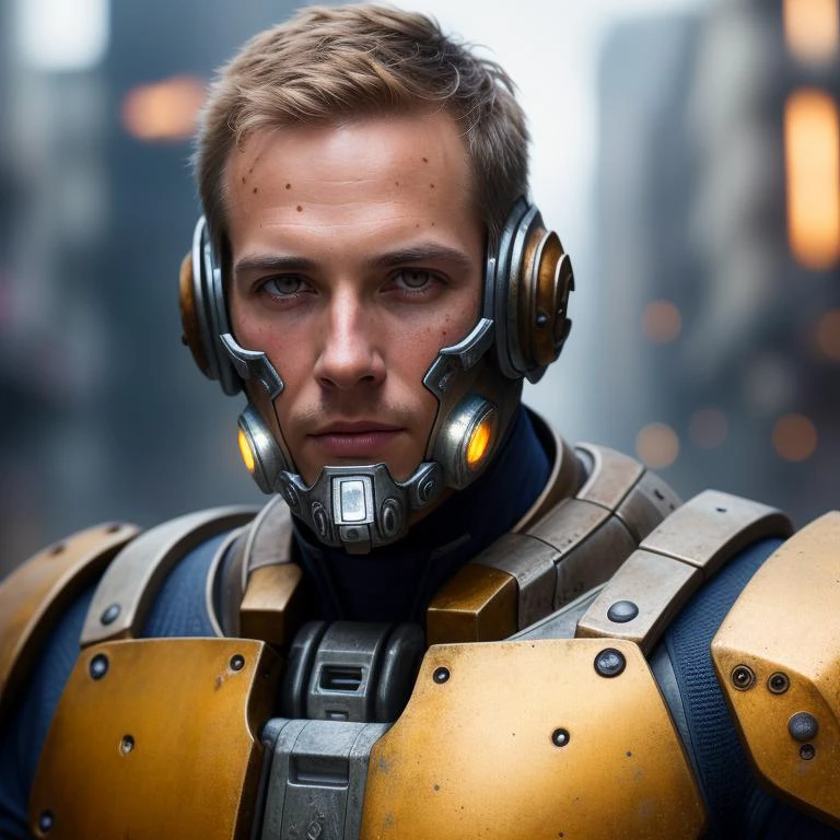 Portrait photo of handsome man in a worn mech suit, ((light bokeh ...