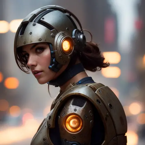 portrait photo of sexy woman in a worn mech suit, ((light bokeh)), intricate, (steel metal [rust]), elegant, sharp focus, photo ...