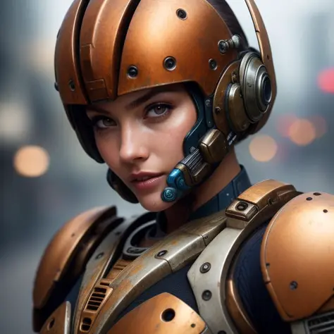 portrait photo of sexy woman in a worn mech suit, ((light bokeh)), intricate, (steel metal [rust]), elegant, sharp focus, photo ...