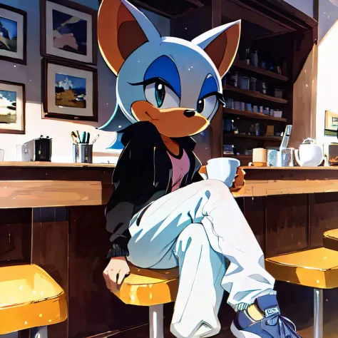 highres, Best Quality, (masterpiece:1.2), Rouge the Bat sitting at a cafe drinking coffee, 1girl, wearing a jacket, sweatpants, ...