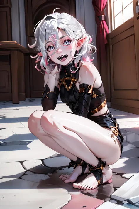 (masterpiece, best quality),  intricate details,
1girl,    <lora:Briav2-lol:0.8> Briar, multicolored hair, white hair, pink hair, gray eyes, gray skin, short hair, messy hair,sharp teeth, pointy ears, , outfit black, barefoot, indoors, stone floor, blood,