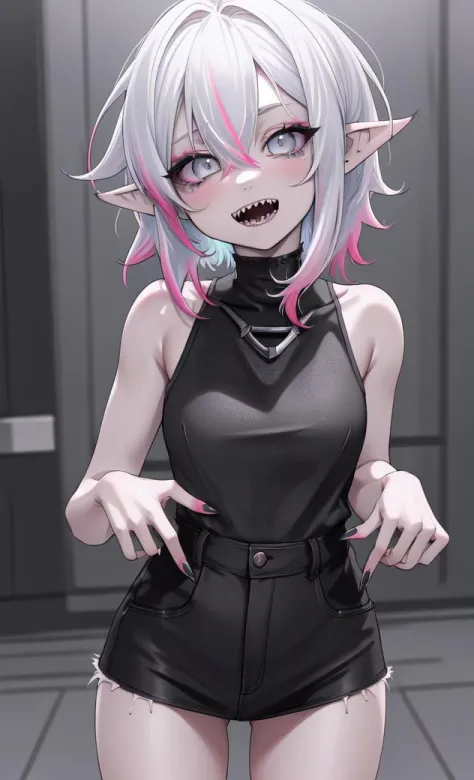 masterpiece, high detail, high resolution, RTX, 8K, high quality, (best quality, RAW photo,ultra-detailed:1.2), 
1girl, multicolored hair, white hair, pink hair, gray eyes, gray skin, short hair, messy hair, outfit black, sharp teeth, pointy ears ,solo,loo...