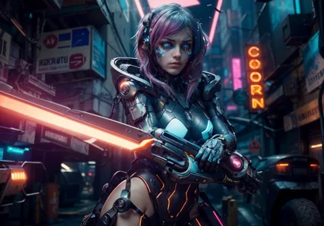 a woman in a futuristic outfit holding a sword in a city