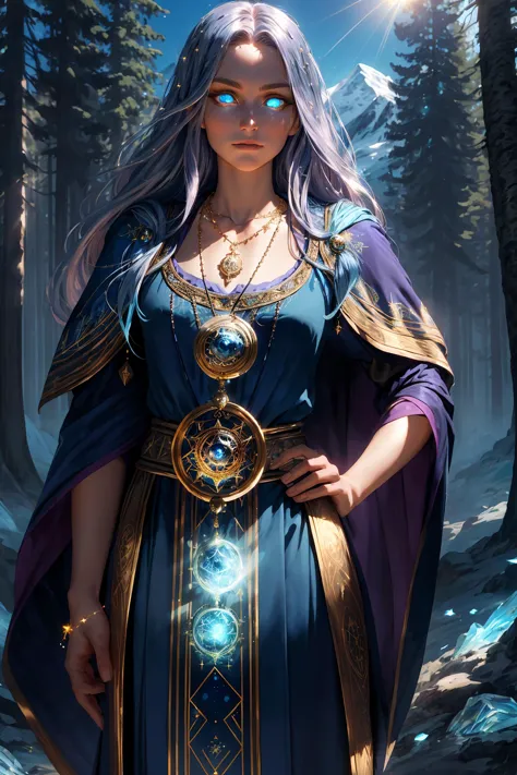 holding a magical greatstaff, 1girl, (medium shot:1.4), european, caucasian, long hair, hair in motion, wind-swept hair, wind-blown hair, twilight blue, sparkling silver, galaxy purple, black velvet, standing, hands on hips, hands on waist, (enchanted sorceress robes:1.3), (glowing necklace medallion:1.3), golden glowing jeweled circlet, intricate stitchwork, ornate patterns, elegant, (noon, sun, sunshine, blue sky:1.25), fcDetailPortrait, (masterpiece:1.2), soft lighting, subsurface scattering, heavy shadow, (high quality:1.4), golden ratio, (intricate, high detail:1.2), soft focus, in a forest canyon, epic view, grand scenery, coniferous montane forests, tall trees, (mountainous glaciers:1.2), redhead, stoic, battleweary, determined, (glowing blue eyes:1.5),