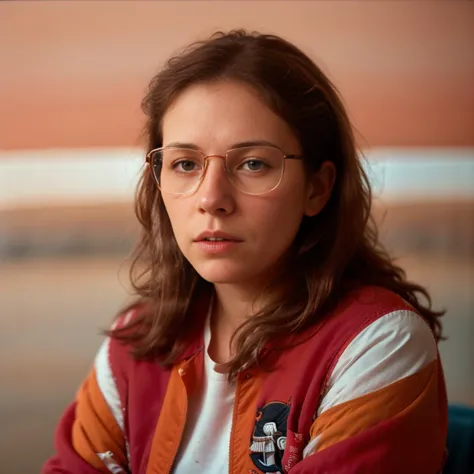 medium shot portrait of a 30yo french woman wearing (red and black) vintage (racing jacket), (brunette:1.3) wearing (sunglasses)...