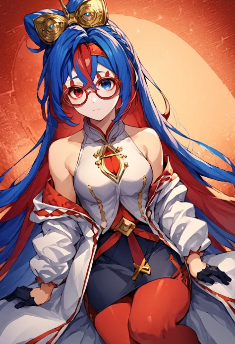 a woman with long blue hair and glasses sitting on a rock