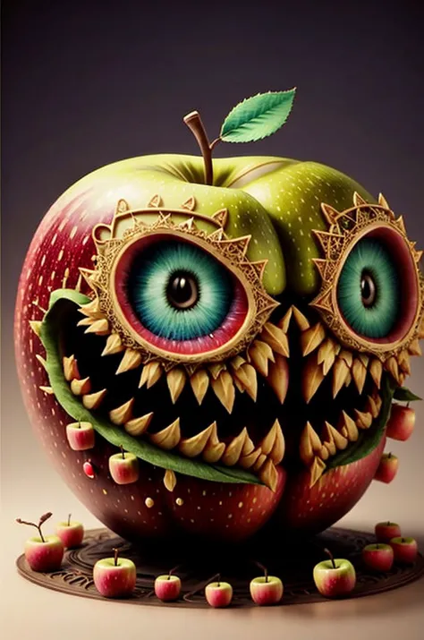 there is a very strange apple with a big eye and a big mouth