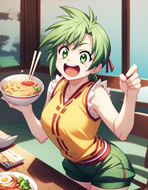 <lora:elnie-ponyxl-000022:1> elnie,
elniedef, sleeveless shirt, yellow shirt, shorts, green shorts,
1girl, excited, table, ramen, score_9, score_8_up, score_7_up, score_6_up, score_5_up, score_4_up