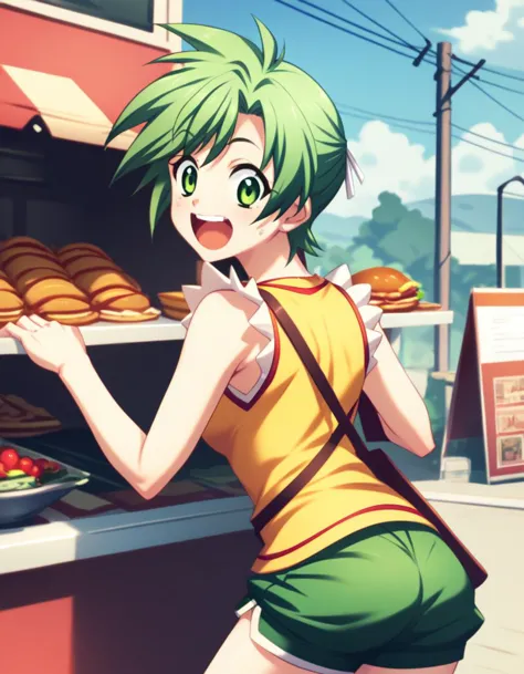 anime girl in yellow shirt and green shorts standing in front of a bakery