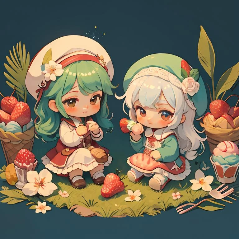 bolo,comida, cabelo verde, flor, tem, fruta, chibi, 2 meninas, cabelo branco, chapéu branco, várias garotas, cabelo longo, morango, cereja, white flor, sentado, saia, franja, garfo, mangas compridas, olhos castanhos, boina, bolo, grama, sorvete, contenção, boca fechada, corar, fundo azul ,