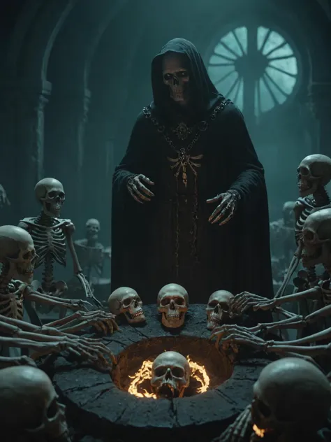 screenshot shot, A necromancer surrounded by a ring of reanimated skeletons., (Photorealistic Cinematic lighting 4K quality super realistic detailed photo style cinematic 35mm rich deep colors masterpiece ultra high resolution photorealism 8k hyper realism fujifilm :1.3)