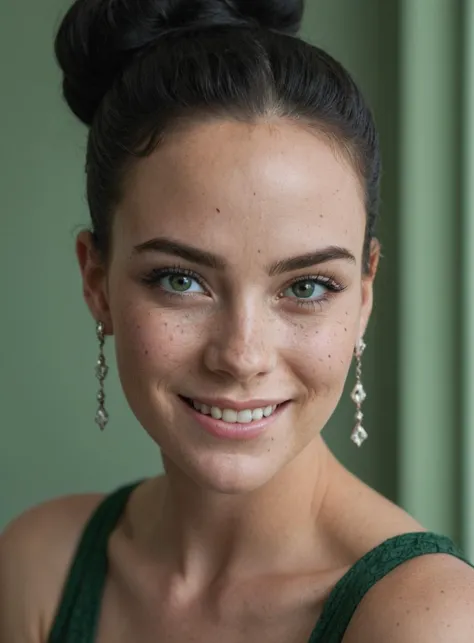 a close up of a woman with a green dress and earrings