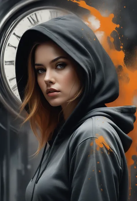 a close up of a woman in a hoodie with a clock in the background