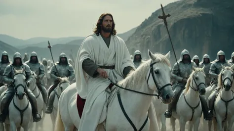 raw photo,cinematic shot,realistic,jesus wearing a white robe and riding on a white horse as He leads an army of crusaders,apocalyptic,sense of awe,majestic