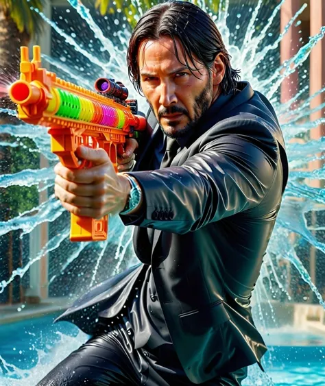 action shot Portrait of john wick (fireing) a water gun assault rifle, while aiming at the camera, wearing a black john wick sui...