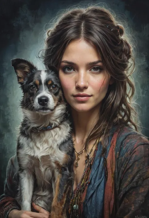 half  body,
a woman with her best friend her dog,
dark complex background, style by Thomas Kinkade+David A. Hardy+Carne Griffiths+Mandy Disher half vivid colors fine art, best quality, high detailed, detailed faces, 2d,