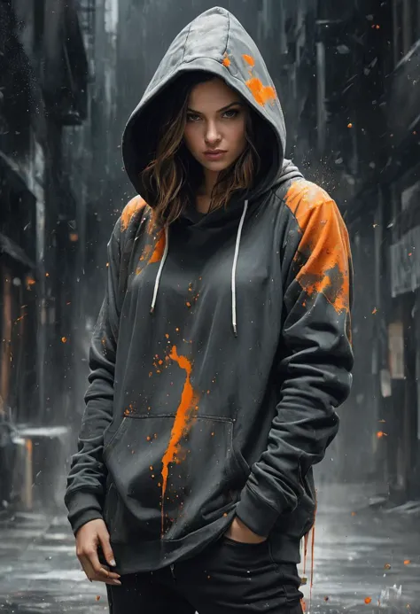 a woman in a hoodie standing in a city street