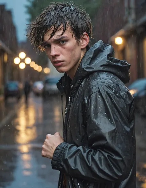 Dynamic pose, 25yo boy, candid photo, slender, twink, fierce eyes, chav, bully, anarchist, rain, skin imperfections, raindrops, wet hair, jacket, firm stance, Angry, about to punch, outdoors, nighttime, street,