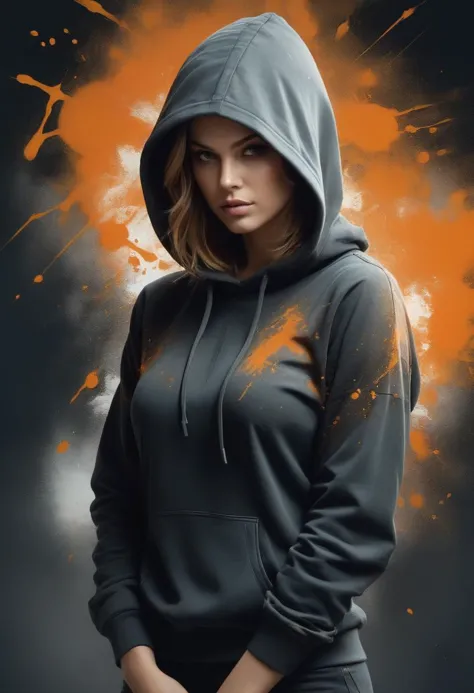 a woman in a hoodie standing in front of a black background