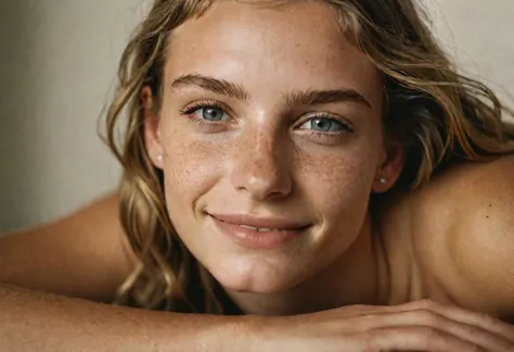 arafed woman with freckles and blue eyes laying on a bed