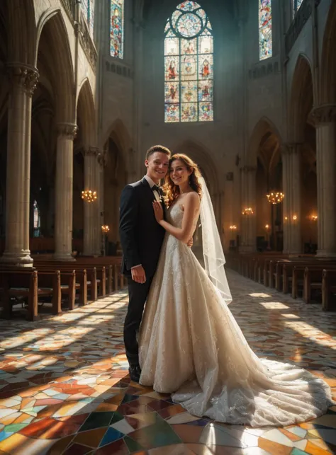 photography of a pretty seductive bride and groom, 25 years old, smile, sunlight,freckles,inside a lavish cathedral with stained glass floor to ceiling windows,volumetric lighting,  world photographic masterpiece,  cinematic realistic,