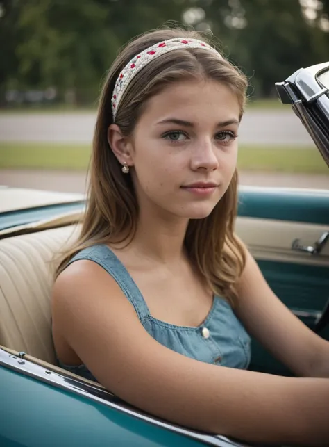 a cute 20-year-old girl relaxing in a 1964 Mustang convertible, friendly tired face, highly detailed skin with no make-up, cute ...
