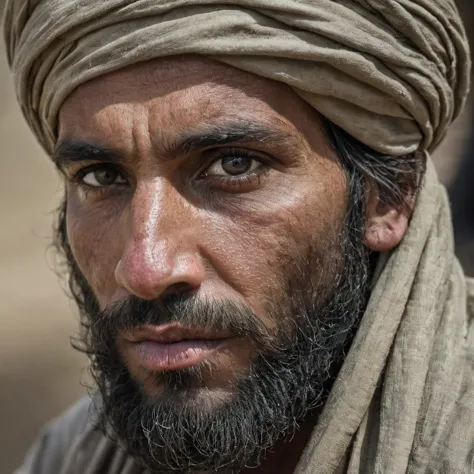 close up photo of a covered up with a turban Taliban in Afghanistan, indifference and dead in their eyes, detailed skin, insane ...