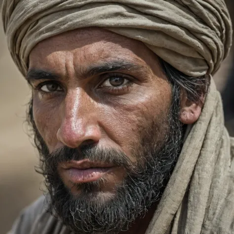 close up photo of a covered up with a turban Taliban in Afghanistan, indifference and dead in their eyes, detailed skin, insane details, realistic clothing, realistic shadow, skin imperfections, dusty and dirty, detailed eyes, 16k, uhd, dslr, masterpiece, insane details, award-winning photo