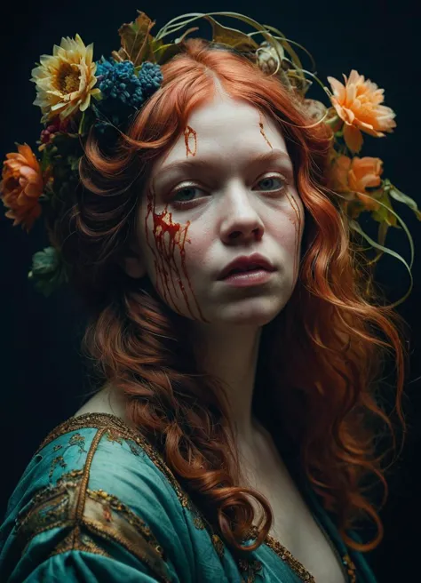 a woman with blood on her face and flowers in her hair