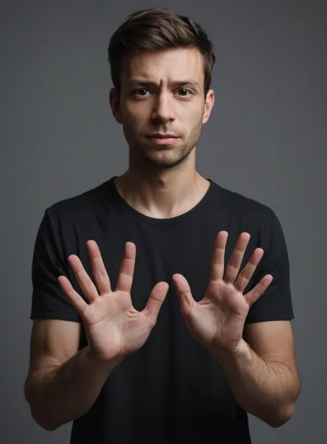 centered, half body photo of 30 y.o man shows hands with five fingers palms facing the audience , shirt, natural skin, dark shot