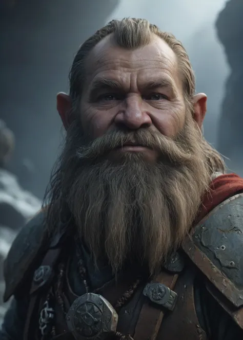 dwarf portrait, dwarven mines, misty, depth of field, haze, halation, Photorealistic, cinematic realistic