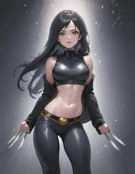 photo of a beautiful (laura_kinney), (claws), midriff, navel, pants, (abs:0.7), (medium shot), masterpiece, best quality, superhero costume, wolverine, 