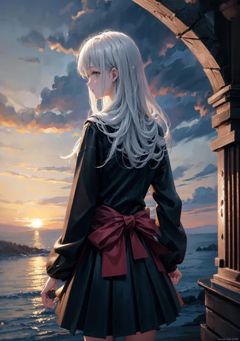 anime girl standing on a pier looking out at the ocean